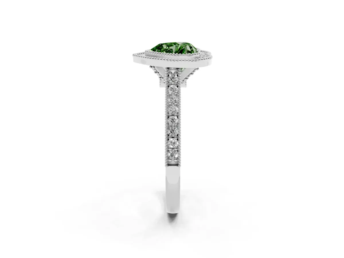 Fancy Green Halo Heart Cut-Cut Diamond Pave Band Milgrain Prong Setting Ring Silver