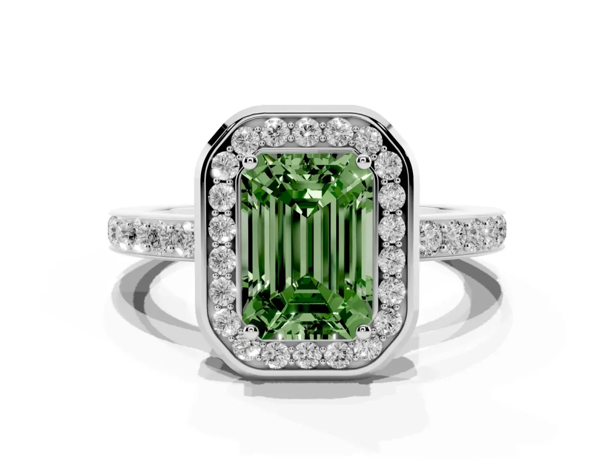 Fancy Green Emerald Cut Diamond Halo Ring with Bezel Frame and Pavé Band Silver