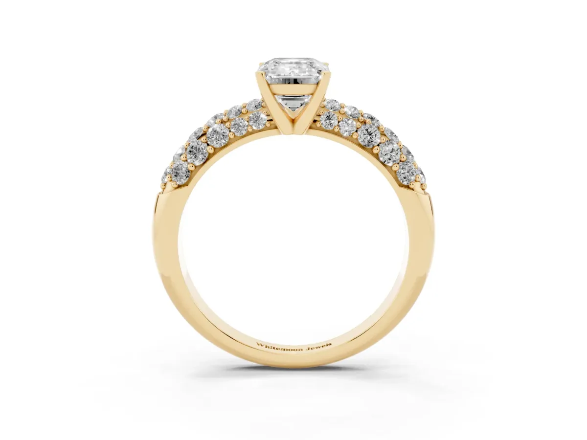 Emerald Cut Diamond Pavé Band Solitaire Ring with Four-Prong Setting Yellow gold