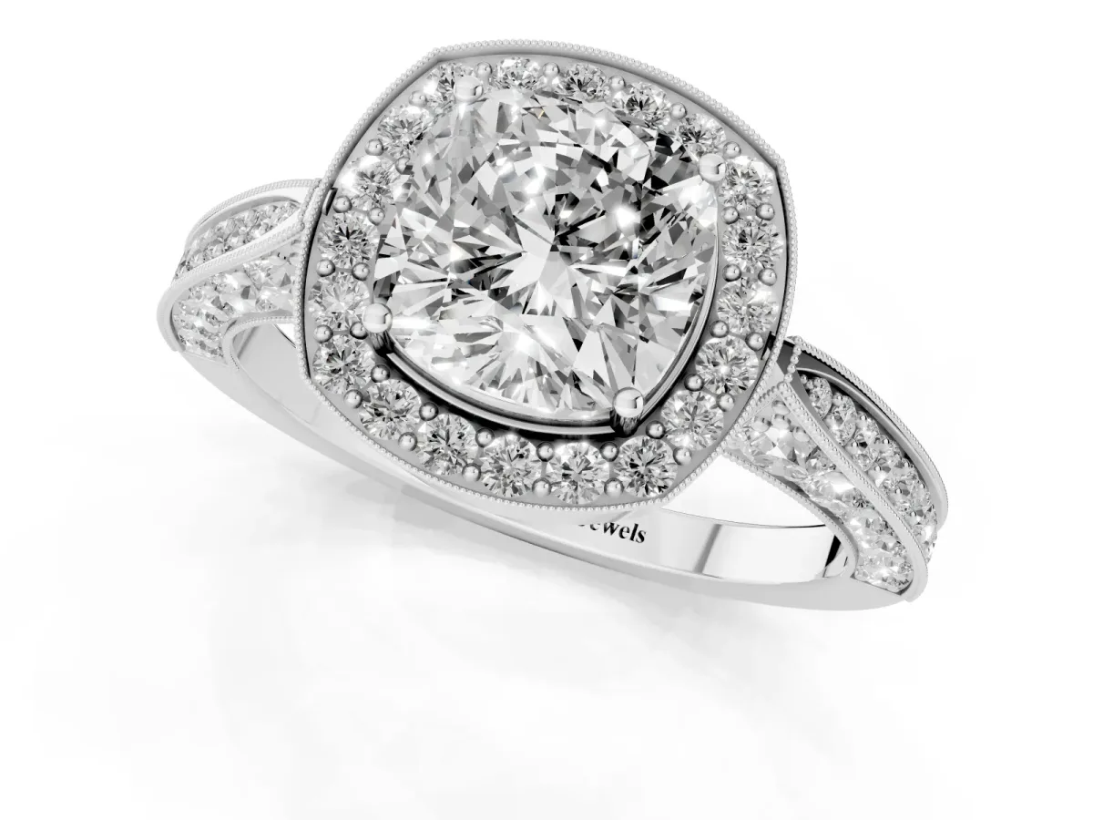 Cushion Cut Halo Diamond Engagement Ring with Split Shank Band and Four-Prong Setting Silver