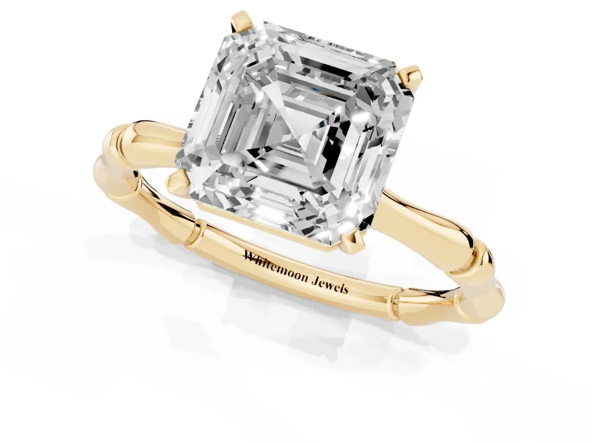 Asscher Cut Solitaire Diamond Ring with Bamboo Band and Four-Prong Setting Yellow gold