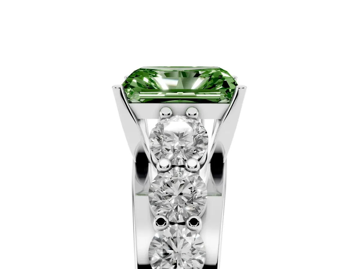 Fancy Green Radiant Cut Diamond Engagement Ring with Pavé Band and Four-Prong Setting Silver