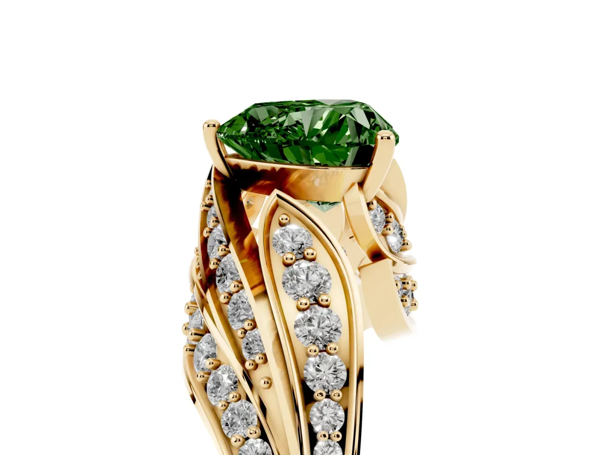 Fancy Green Heart Cut Diamond Solitaire Ring with Prong Setting and Twisted Pavé Band Yellow gold