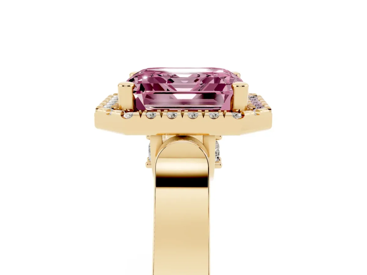 Fancy Pink Asscher Cut Halo Pave Split Shank Prong Setting Ring Yellow gold