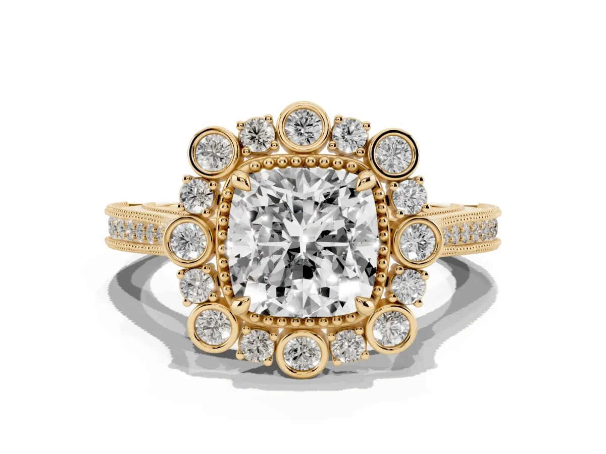 Cushion Cut Halo Milgrain Pave Diamond Ring with Four-Prong Setting Yellow gold