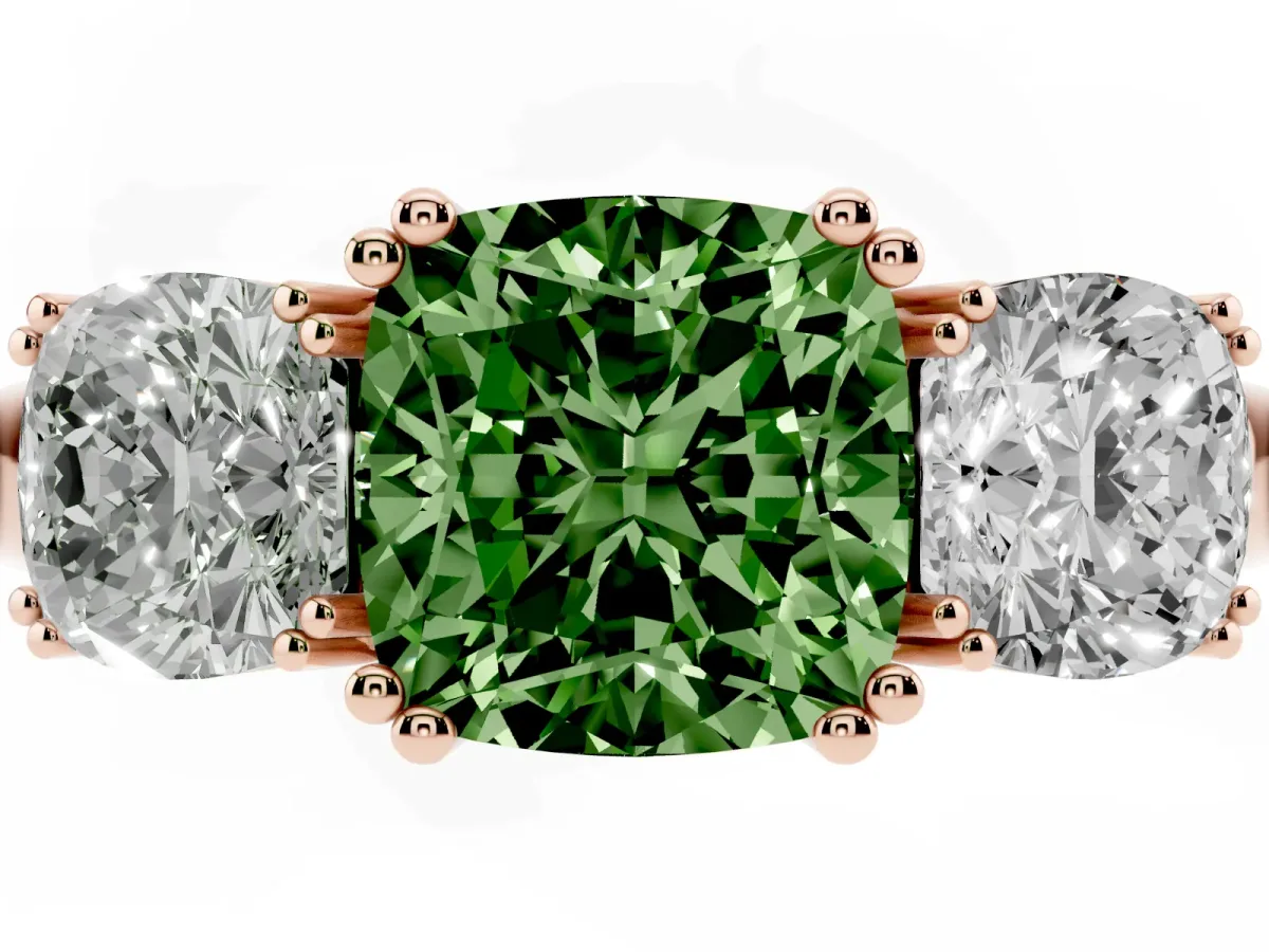 Fancy Green Three-Stone Cushion Cut Cut Diamond Ring with Channel Set Band and Four-Prong Setting Rose gold