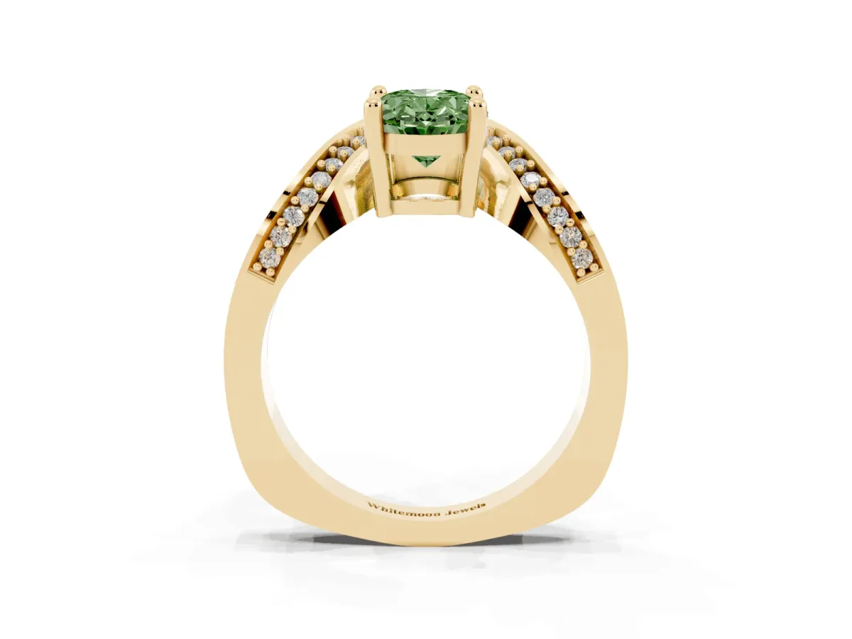 Fancy Green Oval Cut Solitaire Diamond Engagement Ring with Pave Band and Four-Prong Setting Yellow gold