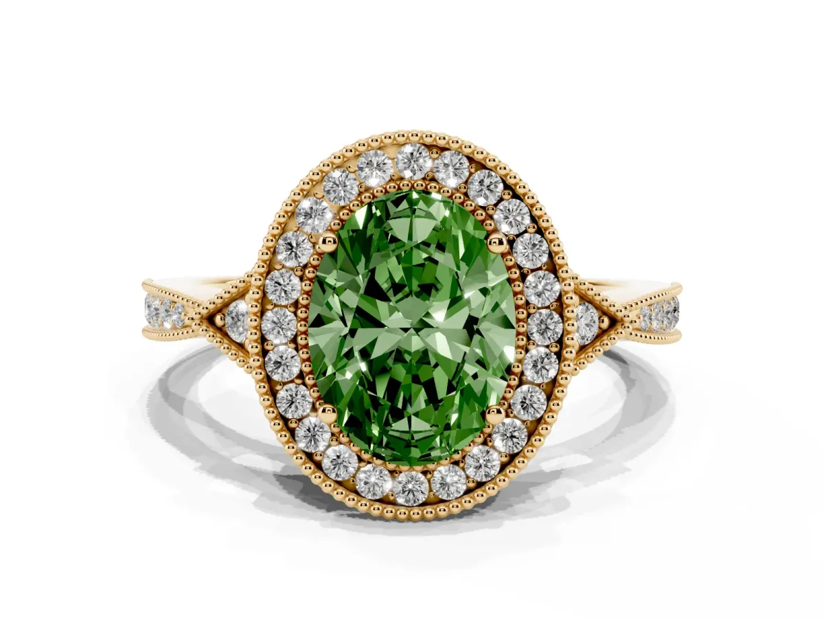 Fancy Green Oval Cut Halo Round Diamond Milgrain Pave Engagement Ring Yellow gold