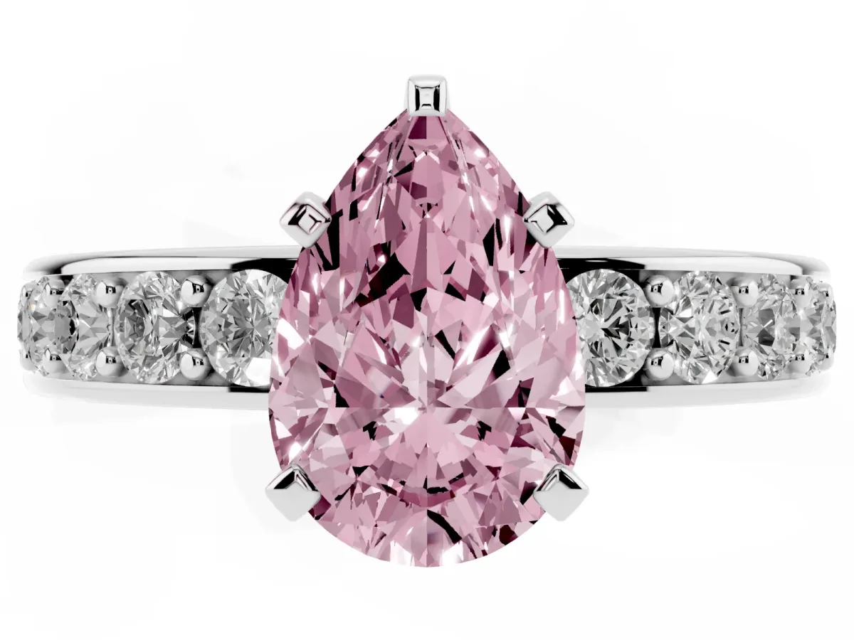 Fancy Pink Pear Cut Diamond Engagement Ring with Channel Set Round Band and Prong Setting Silver