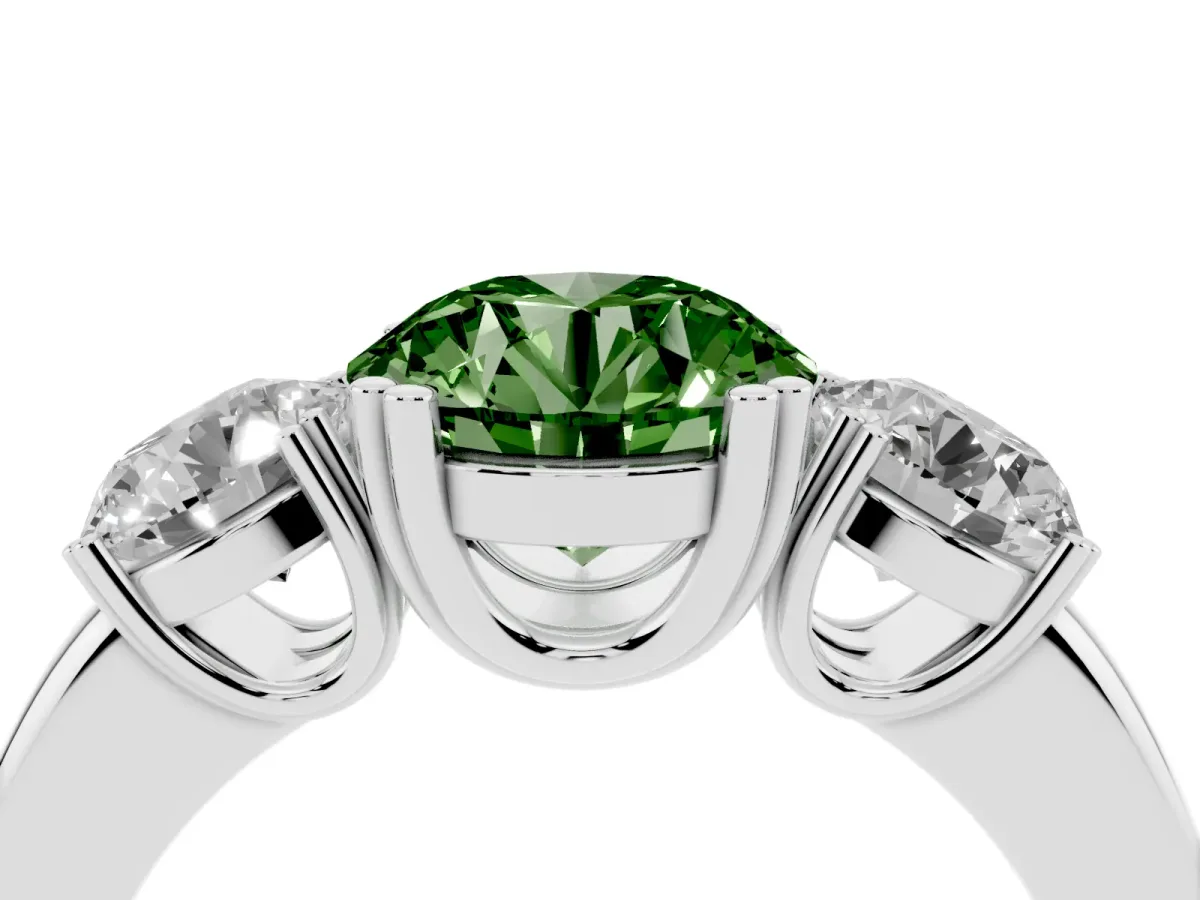 Fancy Green Three-Stone Round Cut Cut Diamond Ring with Channel Set Band and Four-Prong Setting Silver