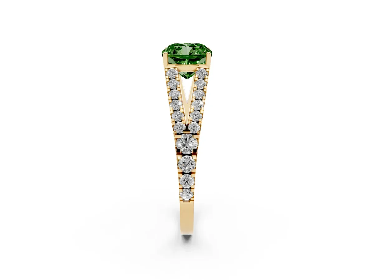 Fancy Green Cushion Cut Diamond Split Shank Engagement Ring with Round Pavé and Prong Setting Yellow gold