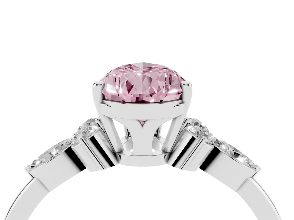 Fancy Pink Pear Cut Brilliant Diamond Solitaire Ring with Pear Side Stones and Four-Prong Setting Silver