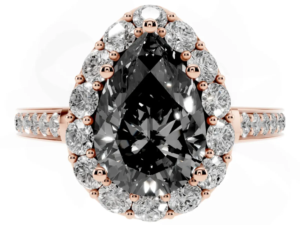Fancy Black Pear Cut Diamond Floral Halo Ring with Pavé Band and Prong Setting Rose gold