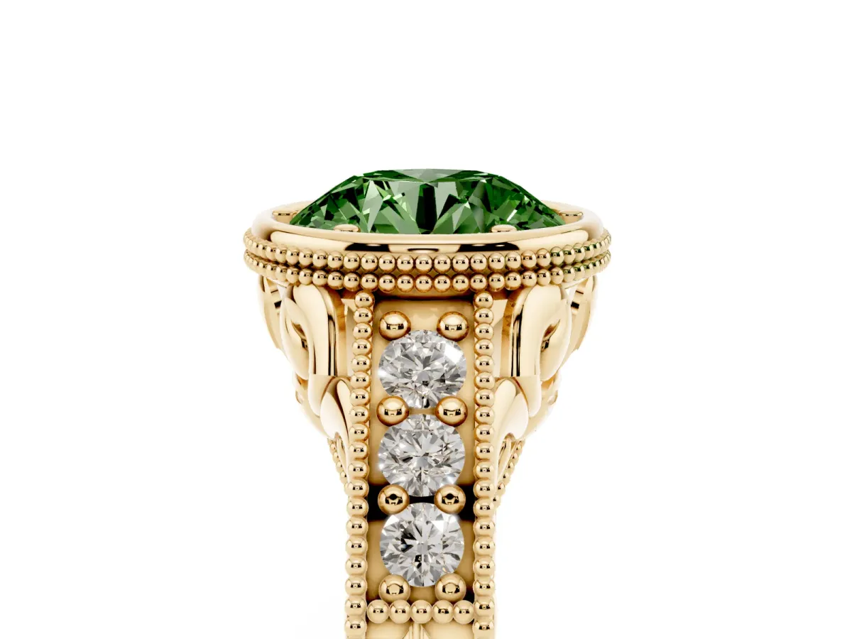 Fancy Green Bezel Set Round Cut Diamond Milgrain Pave Engagement Ring Yellow gold