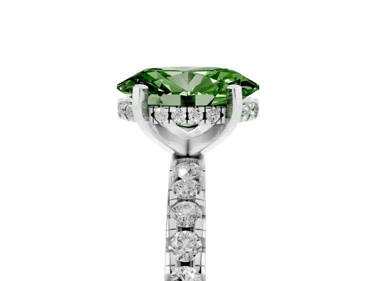 Fancy Green Oval Cut Diamond Solitaire Ring with Round Pavé Band and Four-Prong Setting Silver