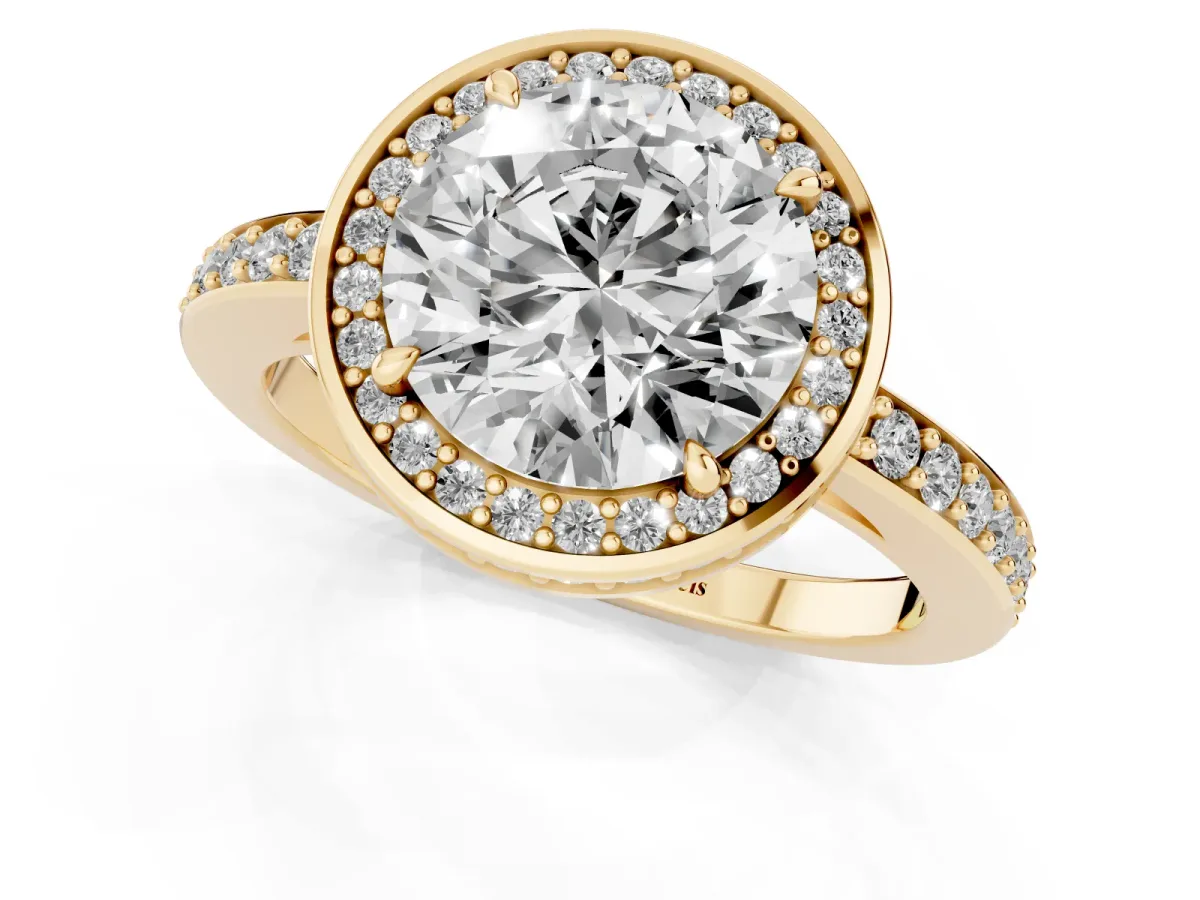 Round Cut Halo Pave Band Solitaire Ring with Prong Setting Yellow gold