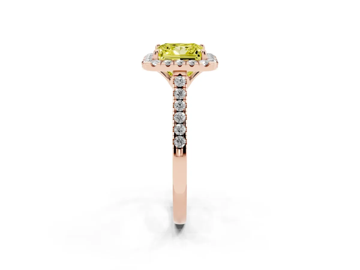 Fancy Yellow Princess Cut Halo Pavé Diamond Engagement Ring with Four-Prong Setting Rose gold