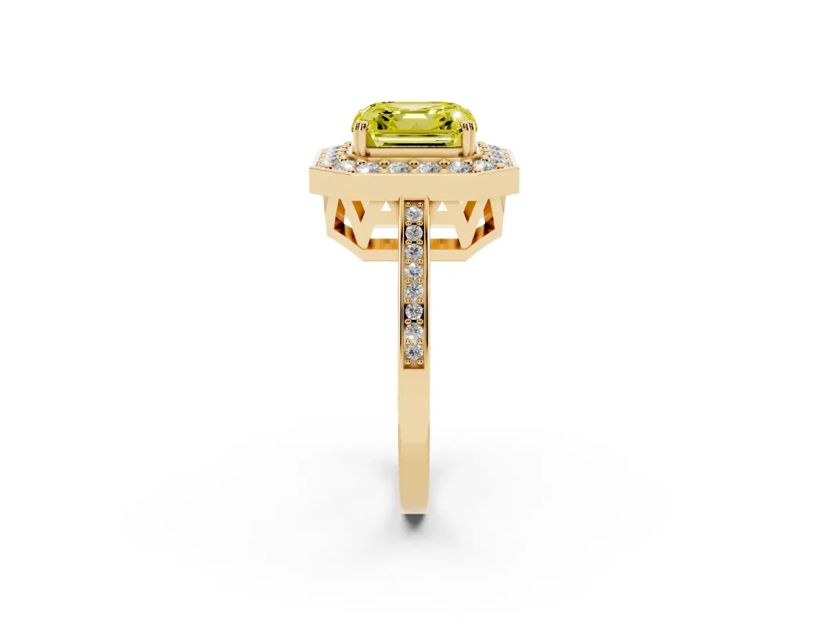 Fancy Yellow Asscher Cut Diamond Halo Ring with Split Shank and Four-Prong Setting Yellow gold