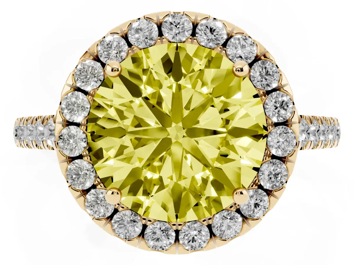 Fancy Yellow Round Cut Halo Pavé Diamond Engagement Ring with Four-Prong Setting Yellow gold