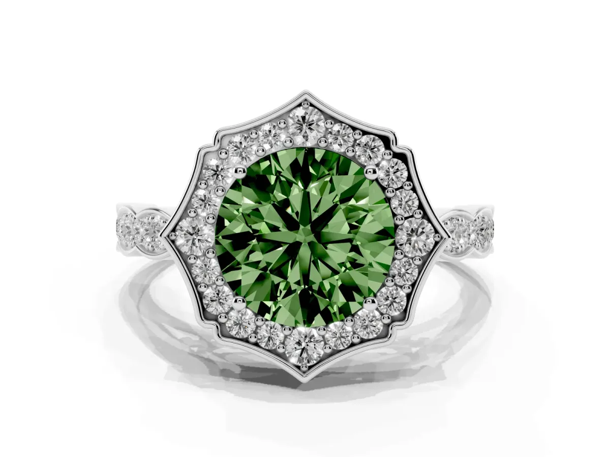Fancy Green Round Cut Halo Diamond Engagement Ring with Milgrain Band and Four-Prong Setting Silver