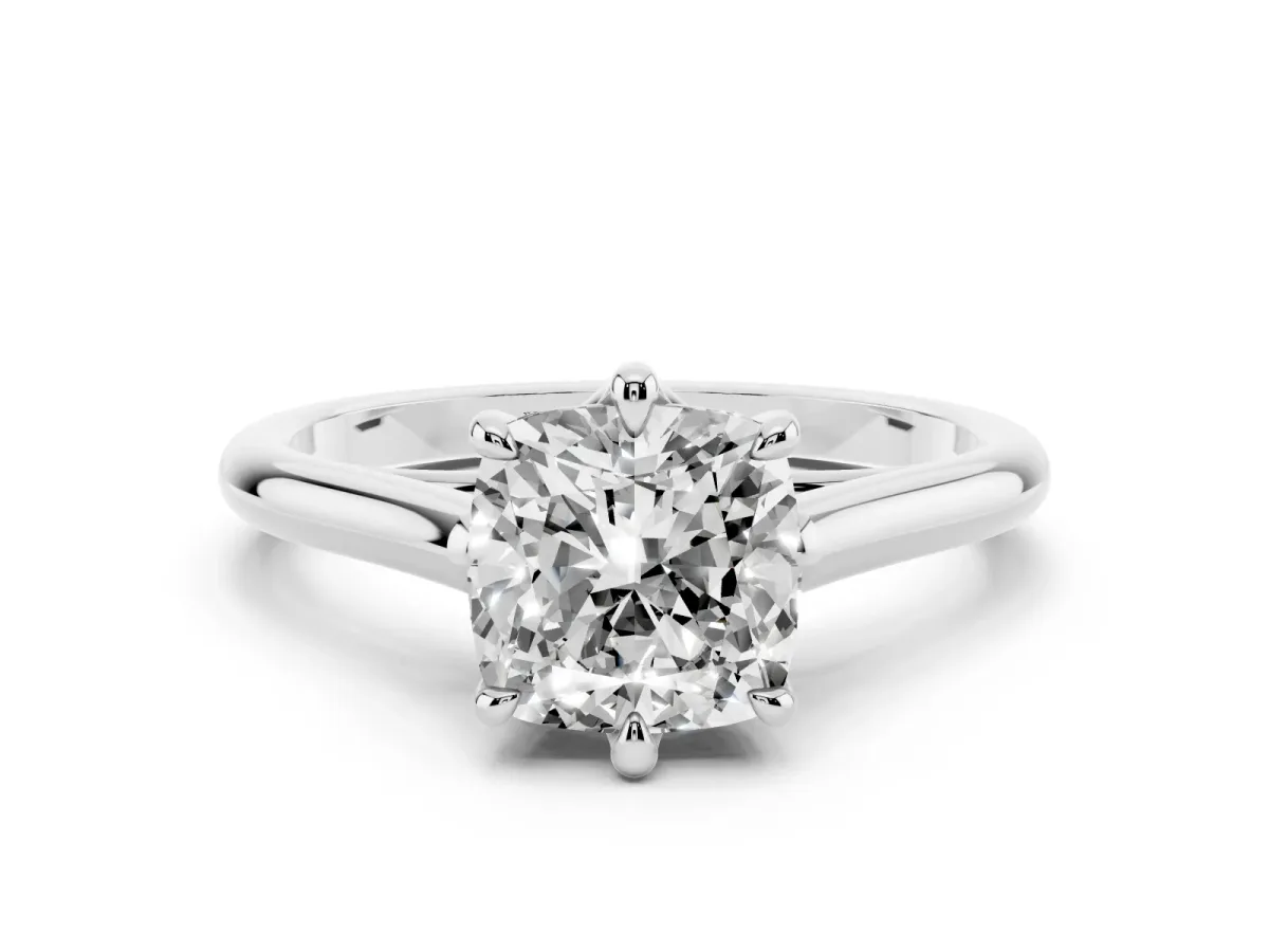 Cushion Cut Solitaire Engagement Ring with Six-Prong Setting and Classic Band Silver