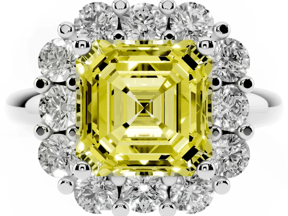 Fancy Yellow Asscher Cut Halo Cluster Diamond Engagement Ring with Prong Setting and Polished Band White gold