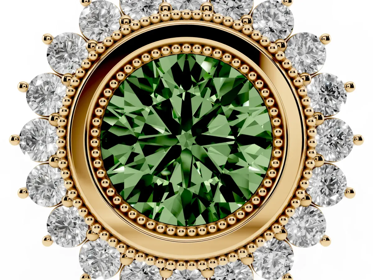 Fancy Green Round Cut Halo Diamond Ring with Milgrain Edge and Round Prong Setting Yellow gold
