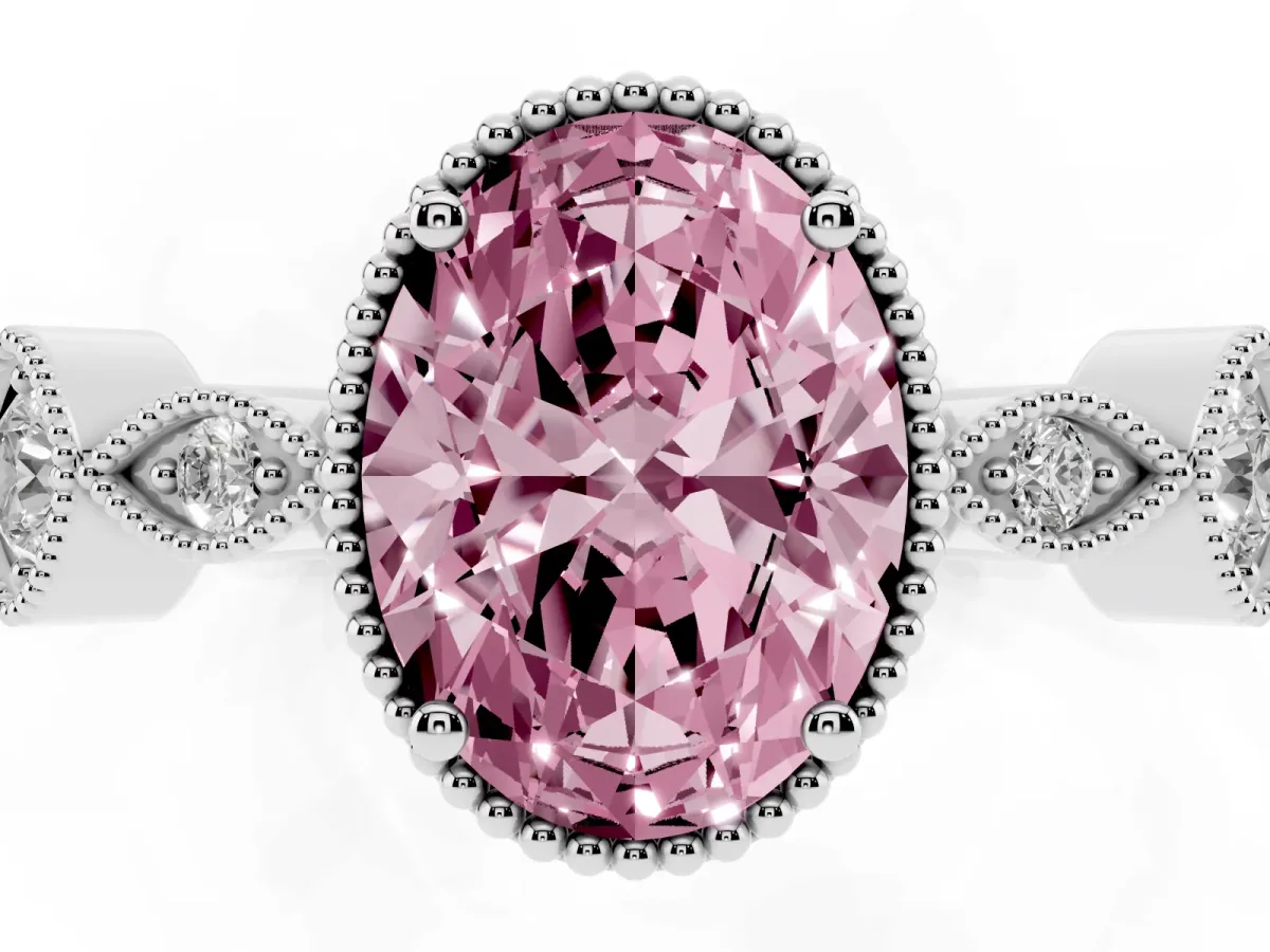 Fancy Pink Oval Cut Diamond Vintage Milgrain Ring with Round Stations Silver