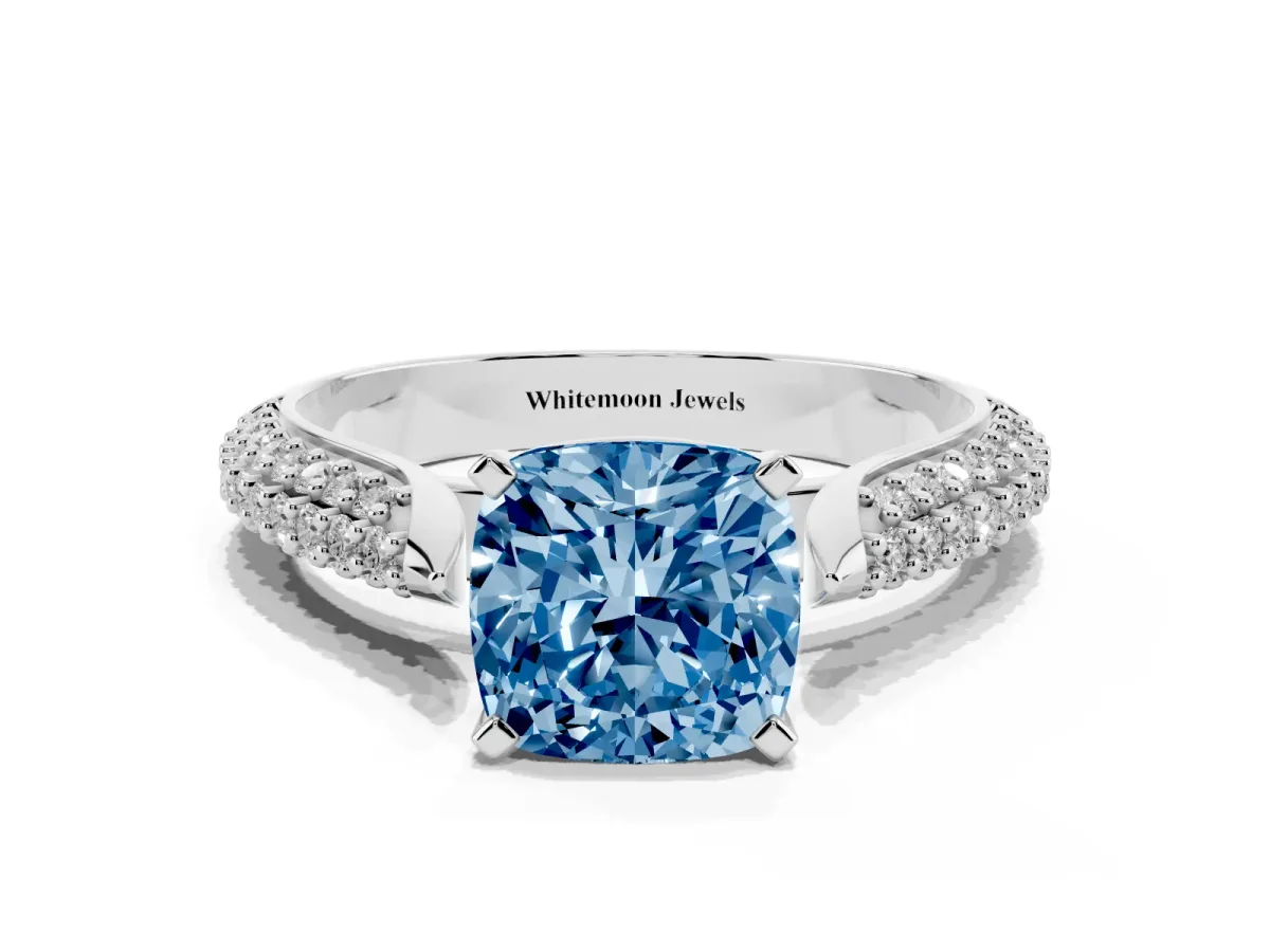 Fancy Blue Cushion Cut Diamond Solitaire Engagement Ring with Multi-Row Round Pavé Band and Prong Setting Silver