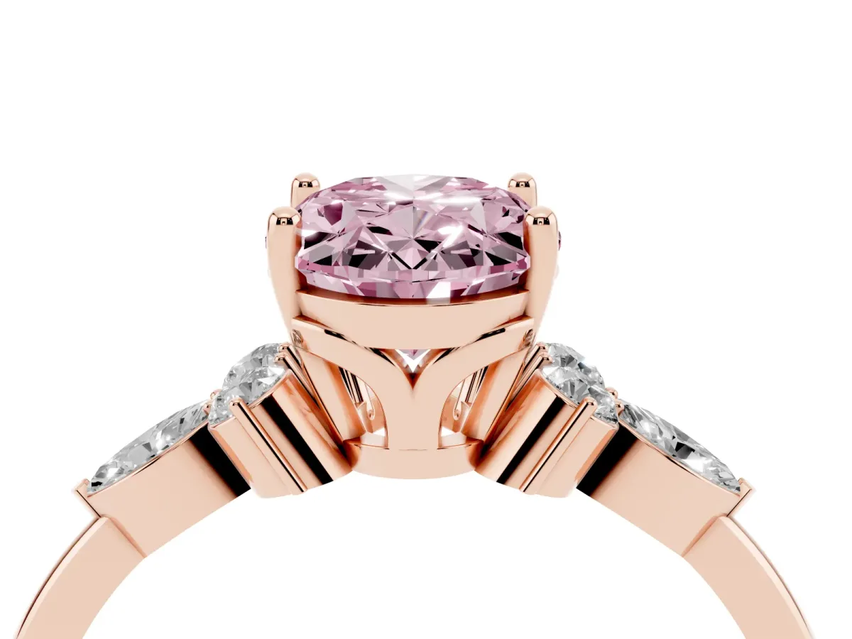 Fancy Pink Oval Cut Brilliant Diamond Solitaire Ring with Pear Side Stones and Four-Prong Setting Rose gold