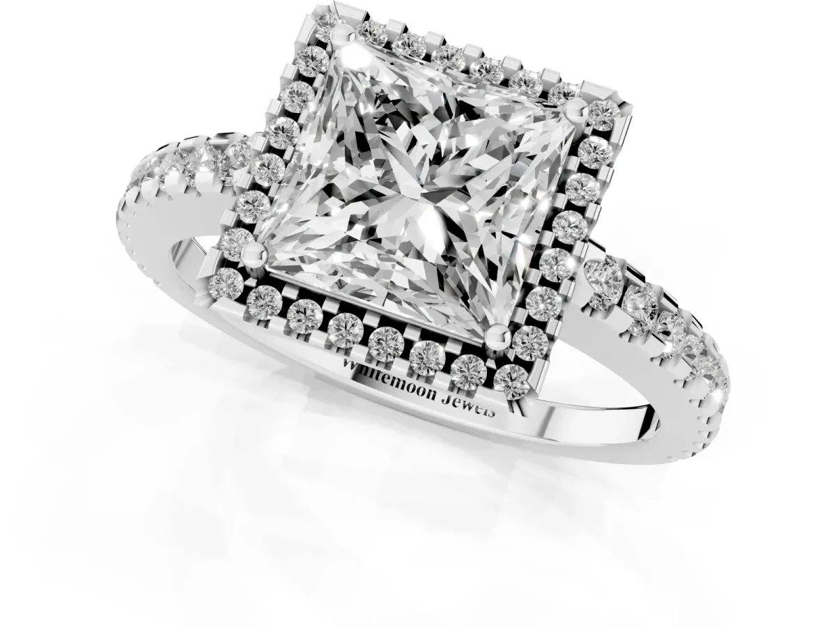 Princess Cut Diamond Halo Engagement Ring with Pavé Band and Prong Setting Platinum