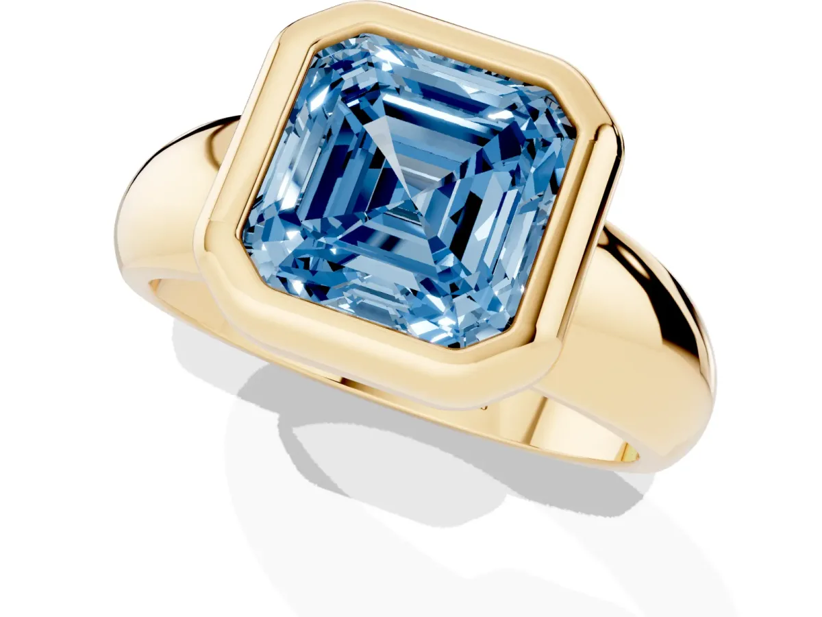 Fancy Blue Bezel Set Asscher Cut Solitaire Ring with Wide Band Yellow gold