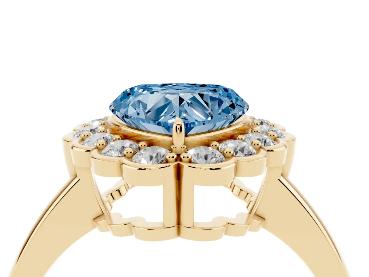 Fancy Blue Heart Cut Halo Cluster Diamond Engagement Ring with Solitaire Band and Prong Setting Yellow gold