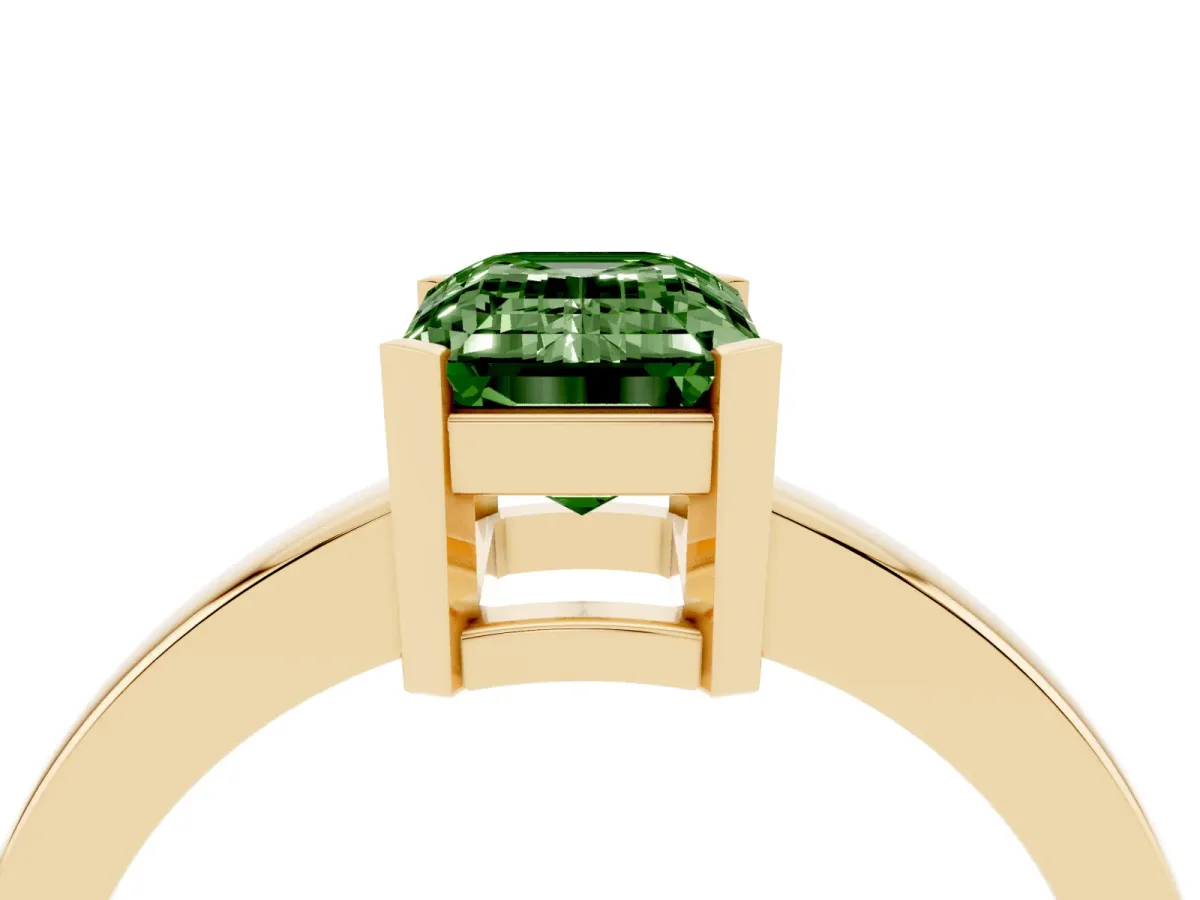 Fancy Green Emerald Cut Cut Solitaire Ring with Four-Prong Setting and Classic Band Yellow gold