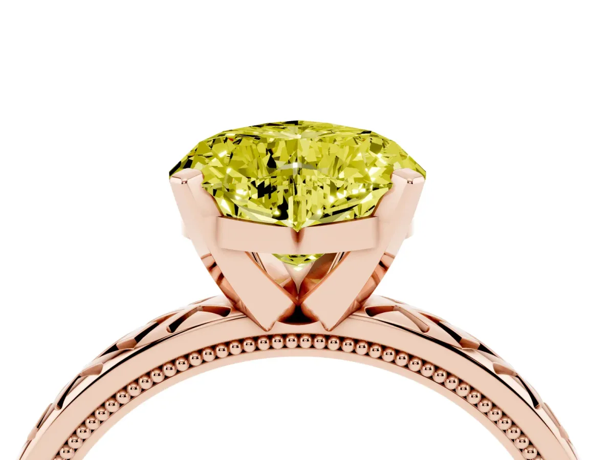 Fancy Yellow Heart Cut Solitaire Diamond Ring with Milgrain and Black Enamel X Pattern Band Rose gold