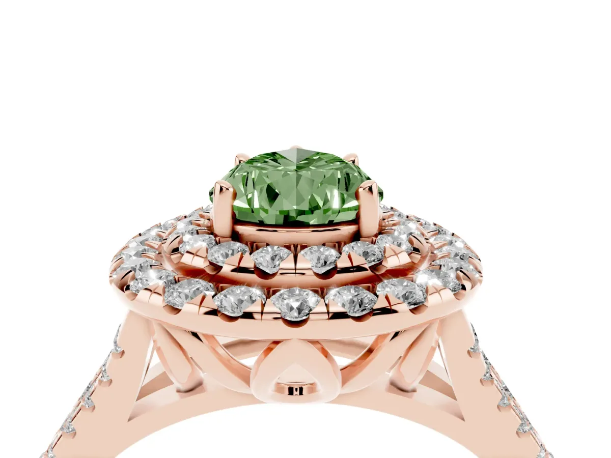 Fancy Green Double Halo Pear Cut Diamond Pavé Split Shank Ring with Prong Setting Rose gold