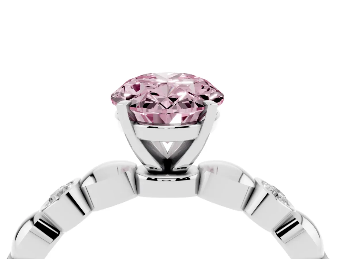 Fancy Pink Oval Cut Solitaire Bezel-Set Diamond Ring with Beaded Band and Four-Prong Setting Silver