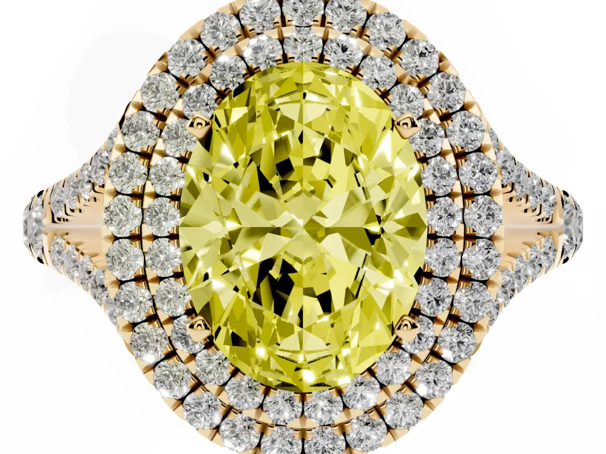 Fancy Yellow Oval Cut Cut Double Halo Split Shank Diamond Ring with Prong Setting Yellow gold