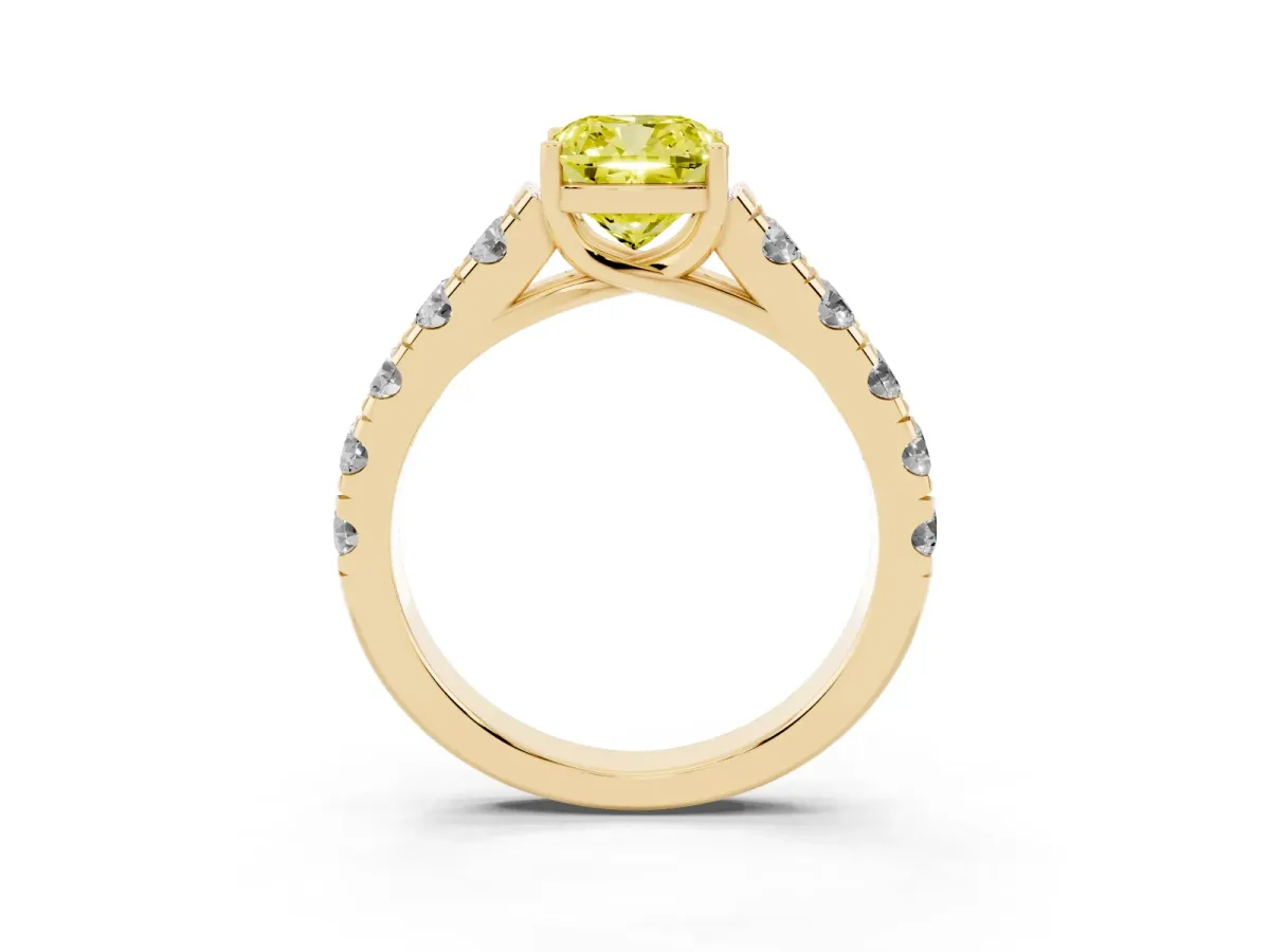 Fancy Yellow Cushion Cut Cut Diamond Solitaire Ring with Micro Pave Band and Prong Setting Yellow gold