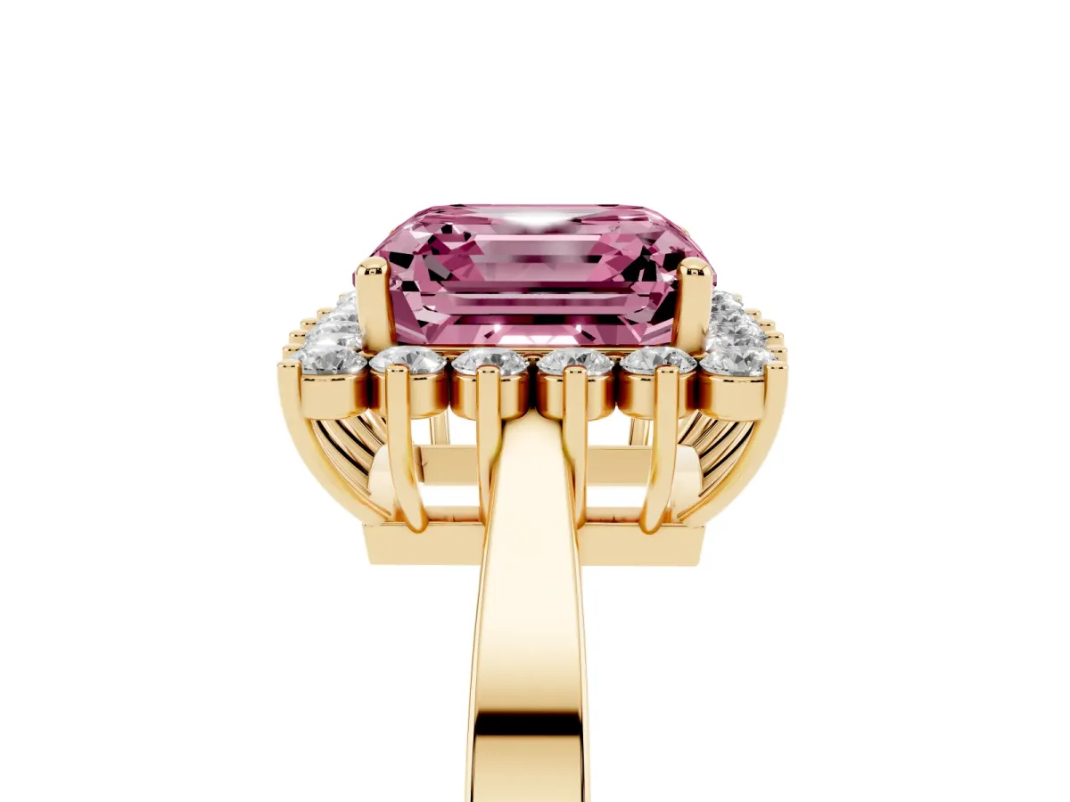Fancy Pink Asscher Cut Cut Diamond Halo Ring with Round Brilliant Halo and Solitaire Band Yellow gold
