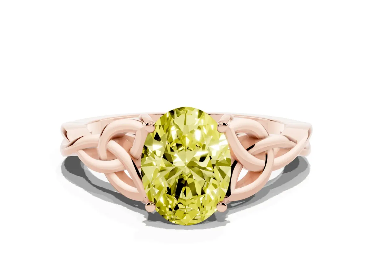 Fancy Yellow Oval Cut Diamond Solitaire Engagement Ring with Celtic Knot Band and Four-Prong Setting Rose gold