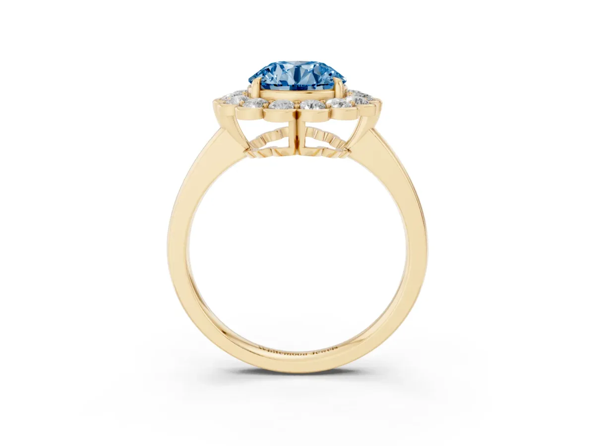 Fancy Blue Round Cut Halo Cluster Diamond Engagement Ring with Solitaire Band and Prong Setting Yellow gold