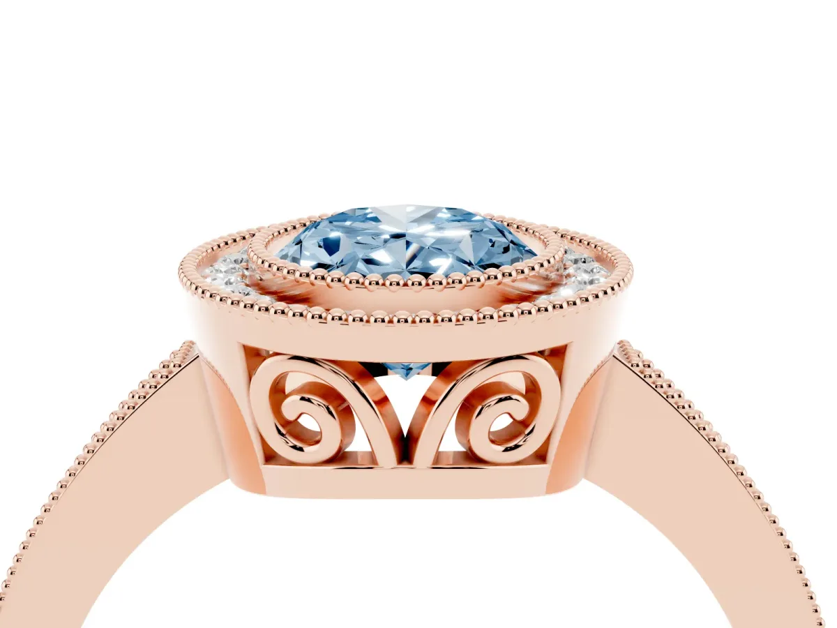 Fancy Blue Oval Cut Cut Halo Diamond Ring with Pavé Band and Milgrain Prong Setting Rose gold