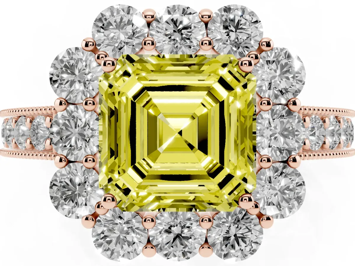 Fancy Yellow Asscher Cut Cut Halo Diamond Pavé Engagement Ring with Milgrain Detailing Rose gold