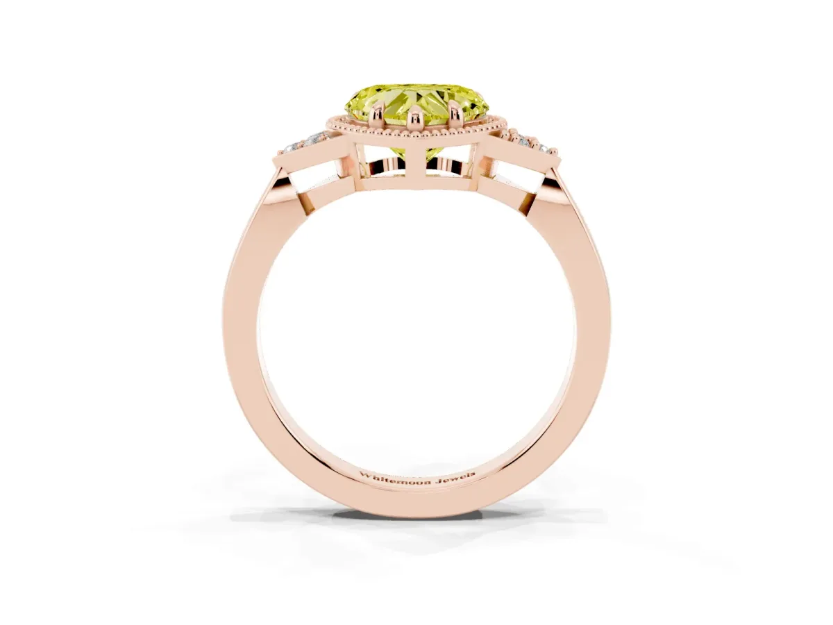 Fancy Yellow Hexagonal Halo Heart Cut Diamond Solitaire with Pavé Band and Four-Prong Setting Rose gold