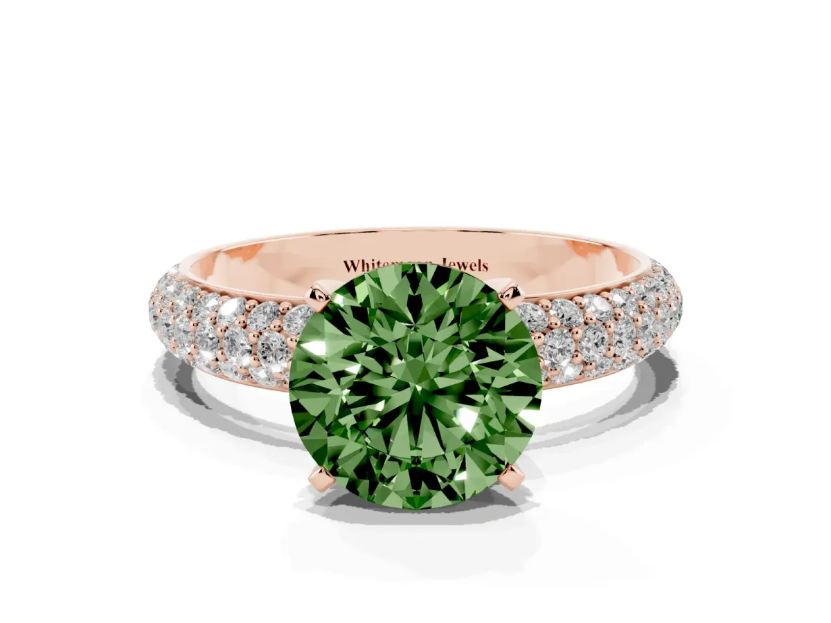 Fancy Green Round Cut Diamond Solitaire Ring with Prong Setting and Pavé Band Rose gold