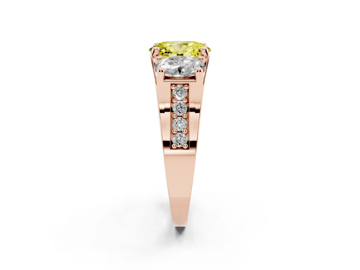Fancy Yellow Oval Cut Diamond Three-Stone Ring with Channel Set Band and Four-Prong Setting Rose gold