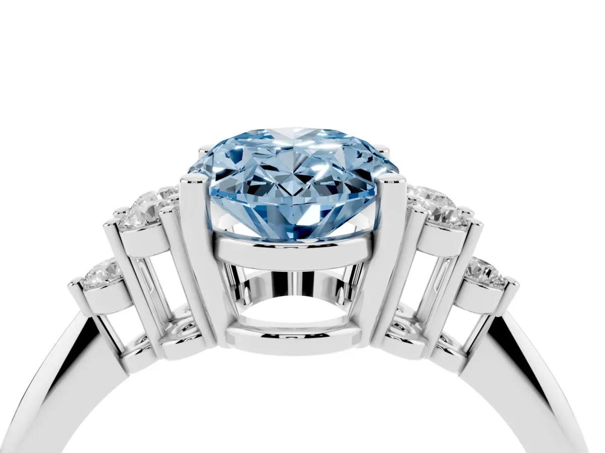 Fancy Blue Oval Cut Cut Diamond Cluster Ring with Solitaire Band and Four-Prong Setting Silver
