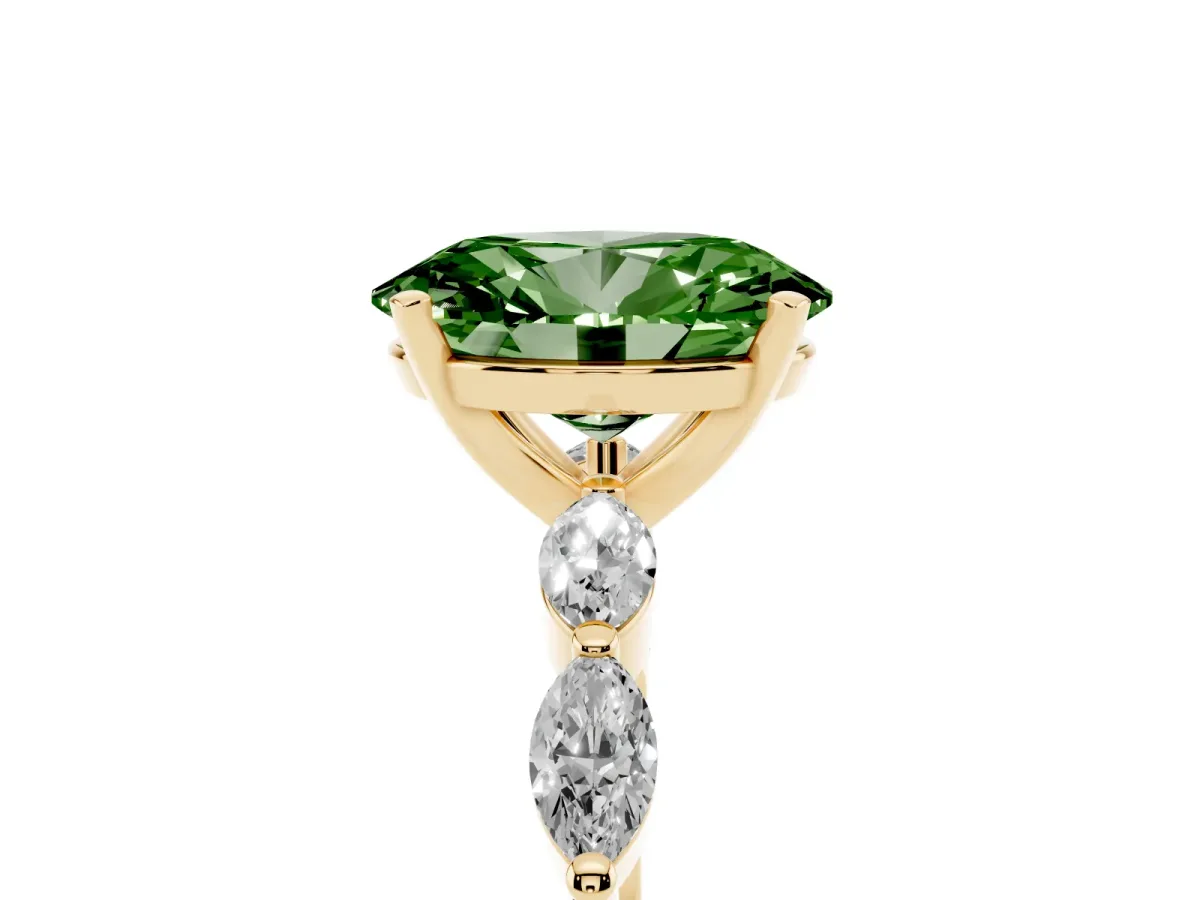 Fancy Green Oval Cut Diamond Ring with Marquise Side Stones and Prong Setting Yellow gold
