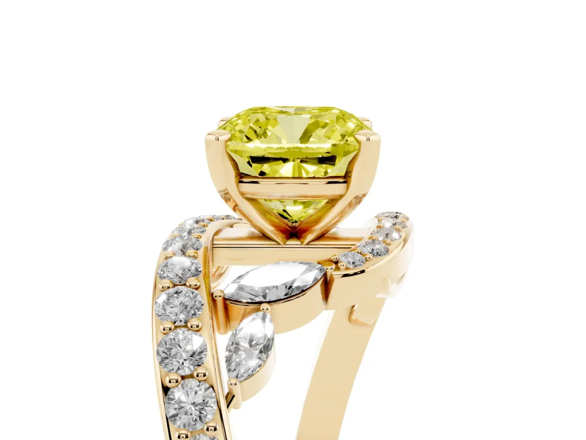 Fancy Yellow Cushion Cut Diamond Solitaire Ring with Filigree Band and Four-Prong Setting Yellow gold